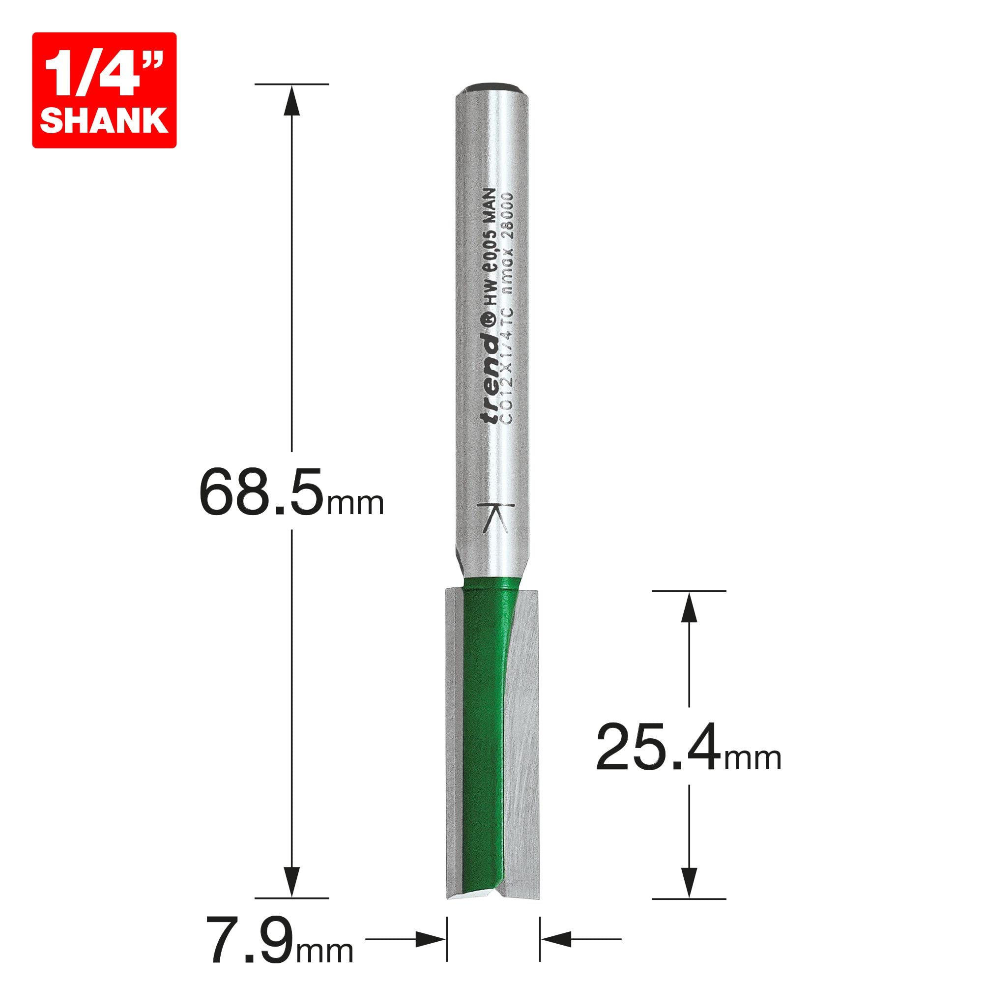 Trend CraftPro Straight Two Flute Router Cutter Bit, 1/4 Inch Shank, 7.9mm Cut Diameter & 25.4mm Cut Length, Tungsten Carbide Tipped, C012X1/4TC