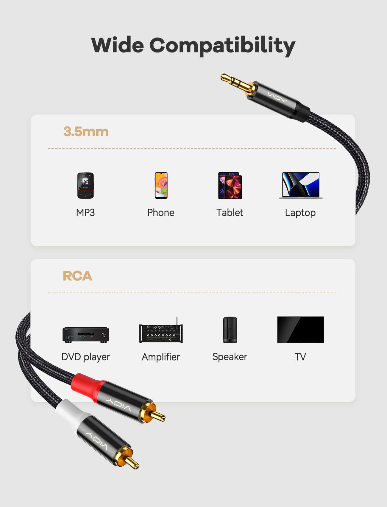 VIOY Phono to 3.5mm Jack Cable[2 M], RCA Male to 3.5mm Male Headphone Jack Stereo Splitter Red and White Aux Cable Compatible with TV Phone Laptop Mixer DVD Controller Hi-Fi Speaker Car Amplifier