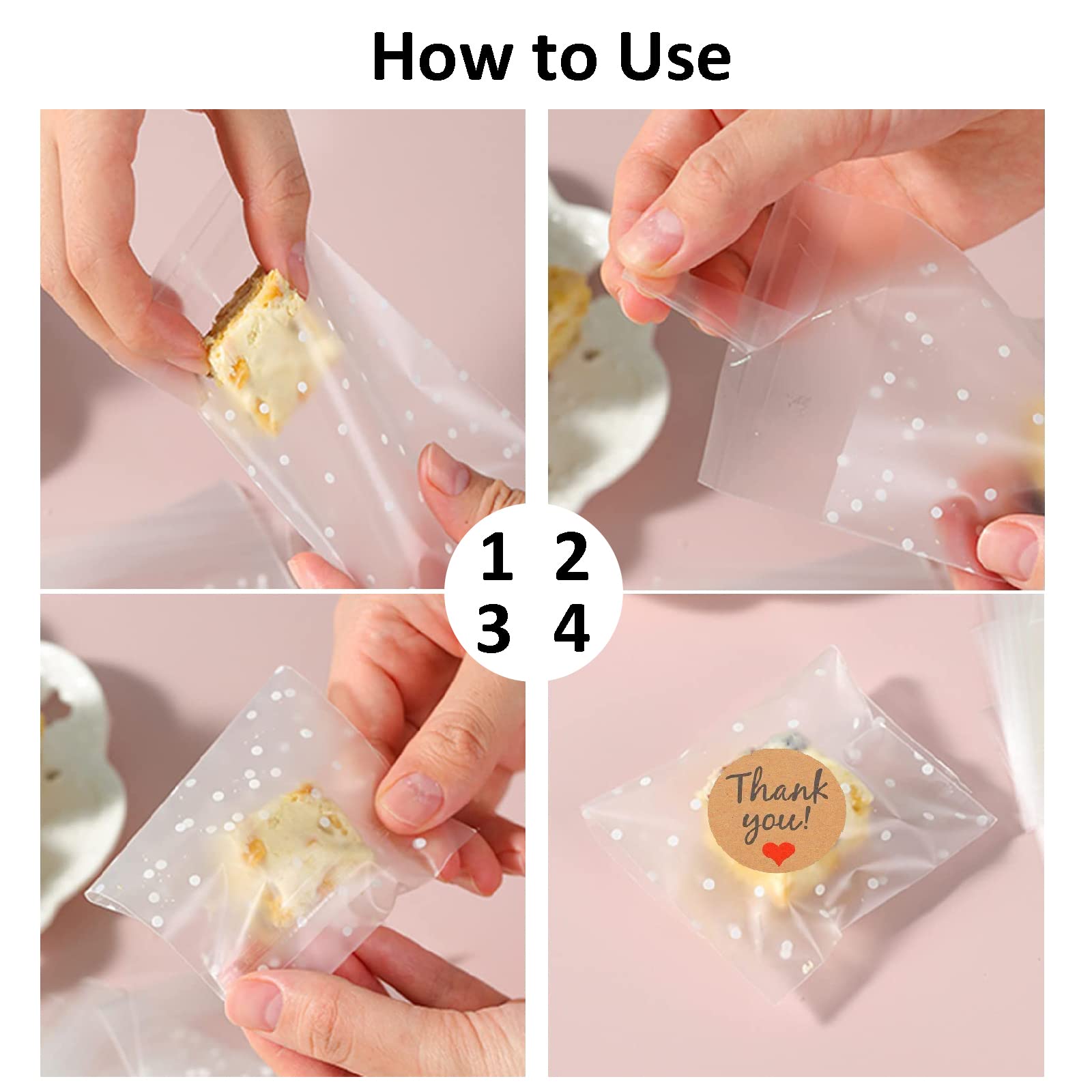 100 Pcs Clear Self-adhesive Bags, Self Sealing Cellophane Display Bags, Dot Opp Bags Polka Dot Cookie Bags for Cookies