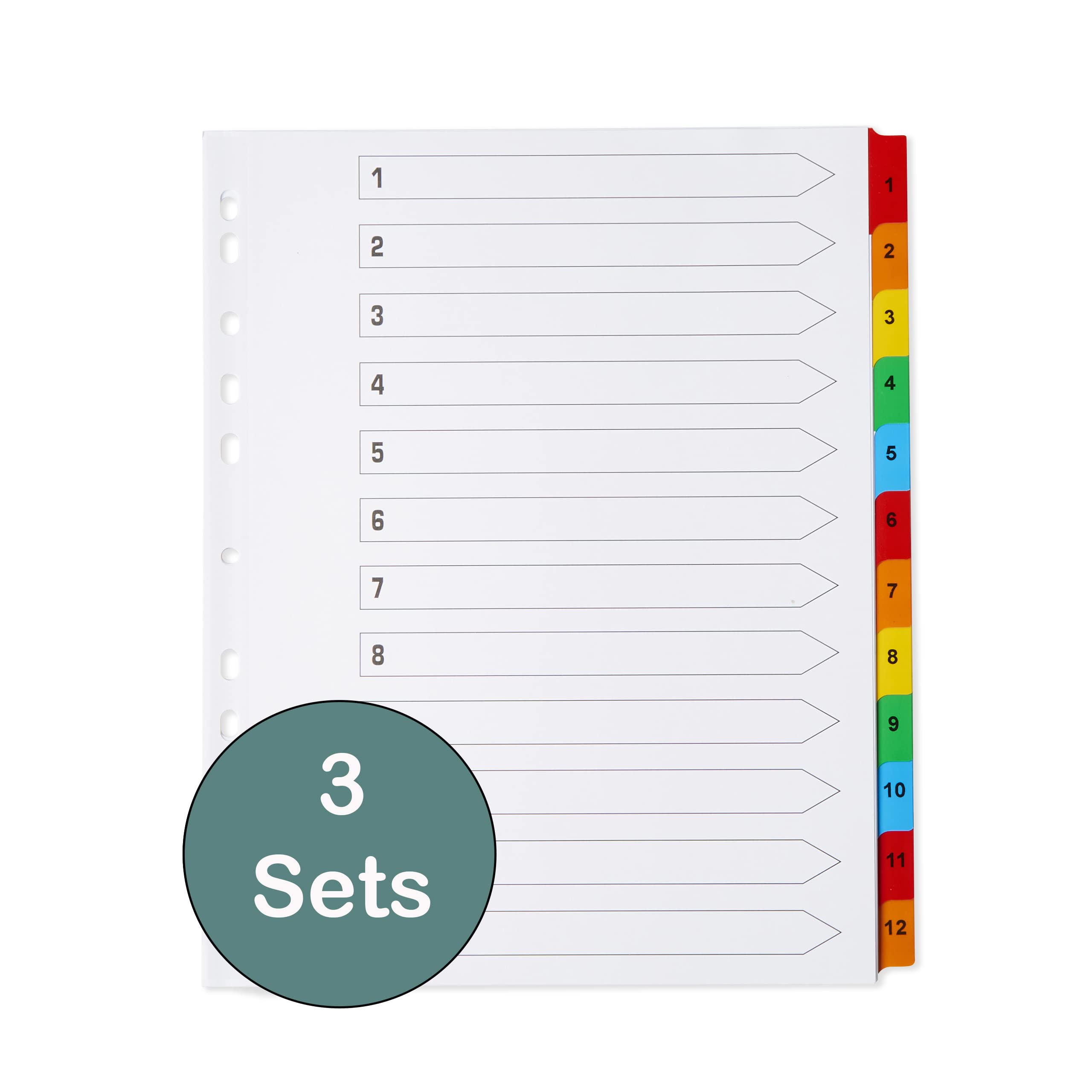 [3 Pack] A4and Extra Wide 12 Part File Dividers A4and Extra Wide 12 Part Numbered Subject Dividers Multipunched Reinforced Colour Tabs 150gsm