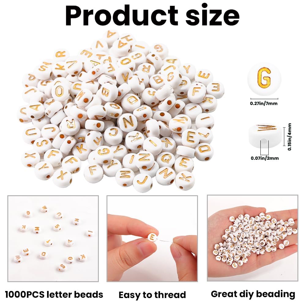 JOISHOP 1000Pcs Gold Acrylic Letter Beads for Bracelet Making, 7mm Bulk Flat Round Letter Beads Gold Threading Spacer Alphabet Beads for Crafting Gifts DIY Necklace Jewelry Making