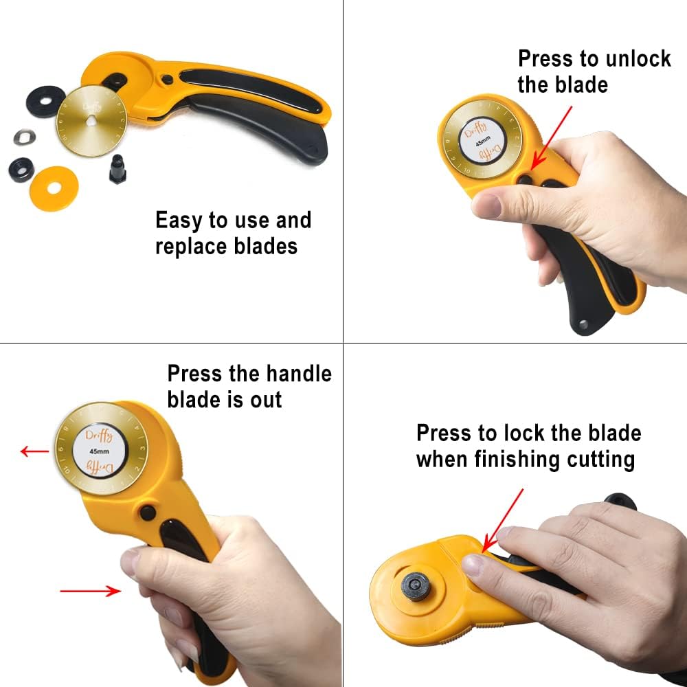 Rotary Cutter with 4x Extra 45mm Blades - for Quilting Fabric