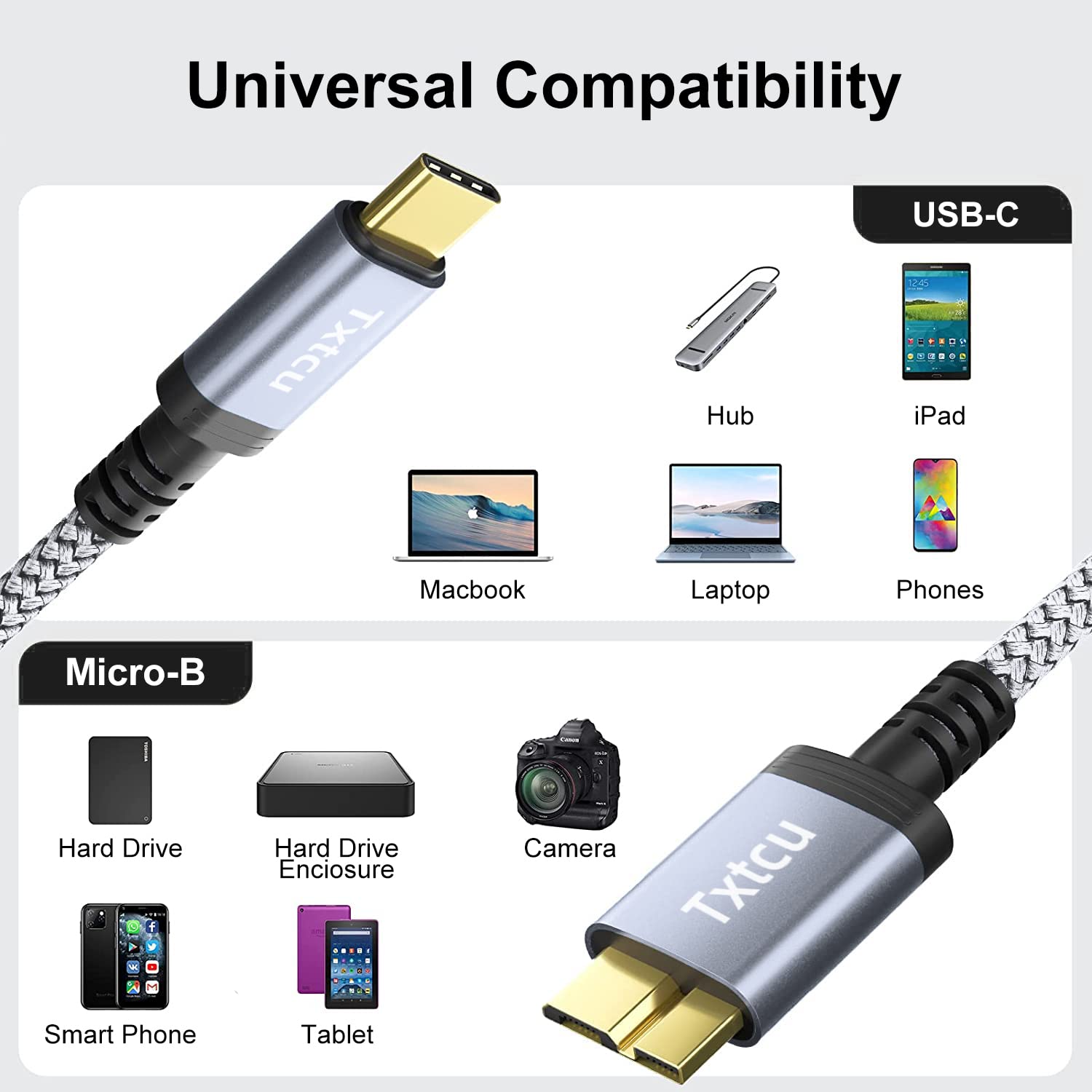 Txtcu USB C Hard Drive Cable, [1m/USB3.0] Braided USB C to Micro B Cable Charging Data Sync Compatible for Toshiba Canvio, Seagate, WD External Hard Drive,Samsung M3 Galaxy S5 Note 3.etc