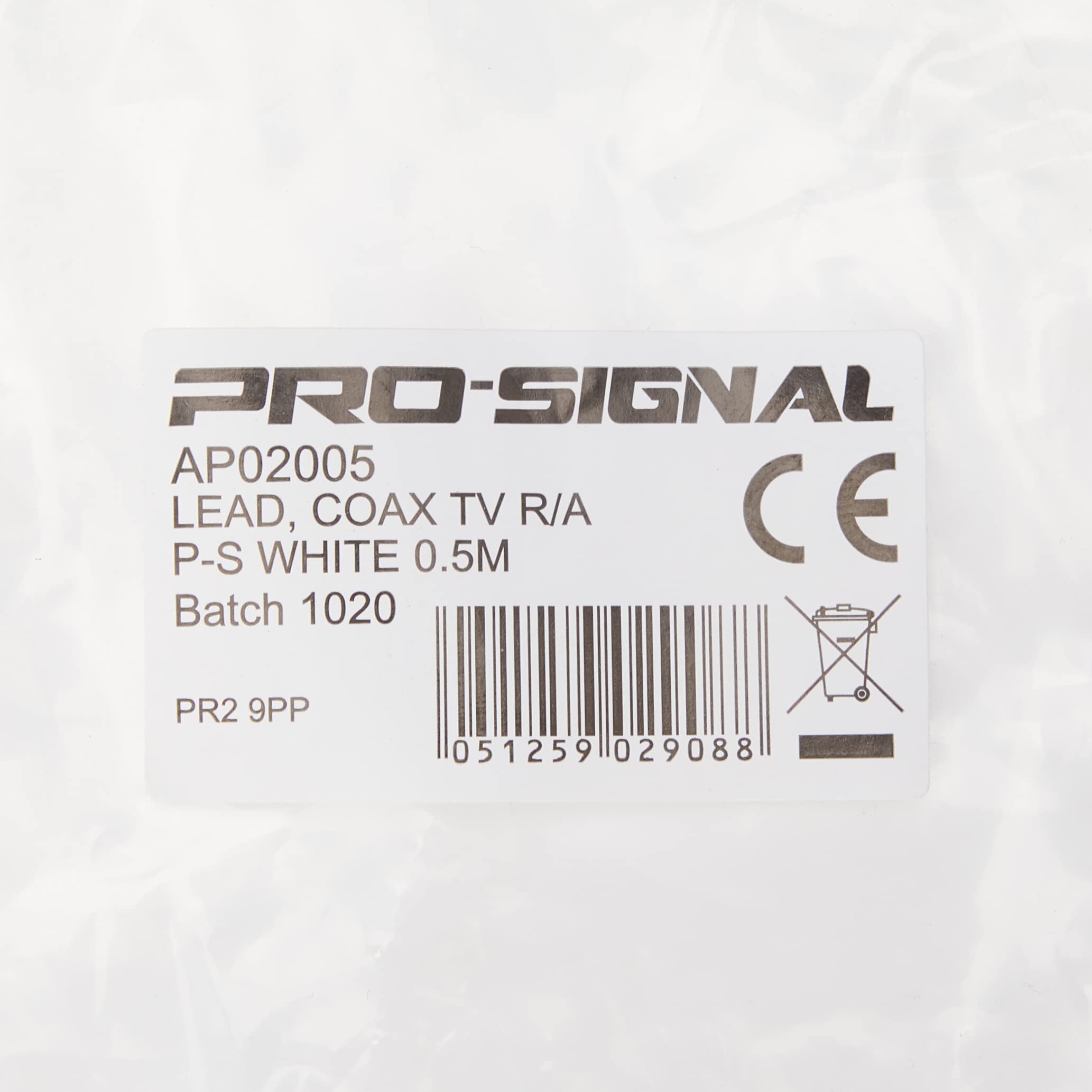 Pro Signal JR9008A/0.5M WHITE-ROHS TV Aerial Lead, 90 Degree Coax Plug to 90 Degree Coax Socket, 0.5m, White