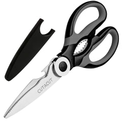 Cutacut Kitchen Scissors Stainless Steel Sharp Blades with TPR Grip - Multipurpose Kitchen Scissors Heavy Duty for Meat, Chicken, Fish, Vegetables, and Herbs – Bottle Opener. (Black)