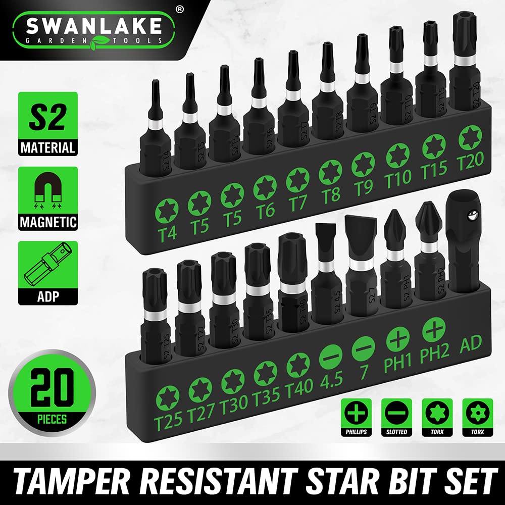 SWANLAKE 20PCS Screwdriver BIT Set,Tamper Resistant Star Bit Set,Torx Bit Set,1/4-inch Hex Shank, S2 Alloy Steel, T4-T40