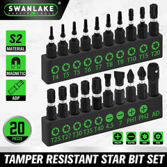 SWANLAKE 20PCS Screwdriver BIT Set,Tamper Resistant Star Bit Set,Torx Bit Set,1/4-inch Hex Shank, S2 Alloy Steel, T4-T40