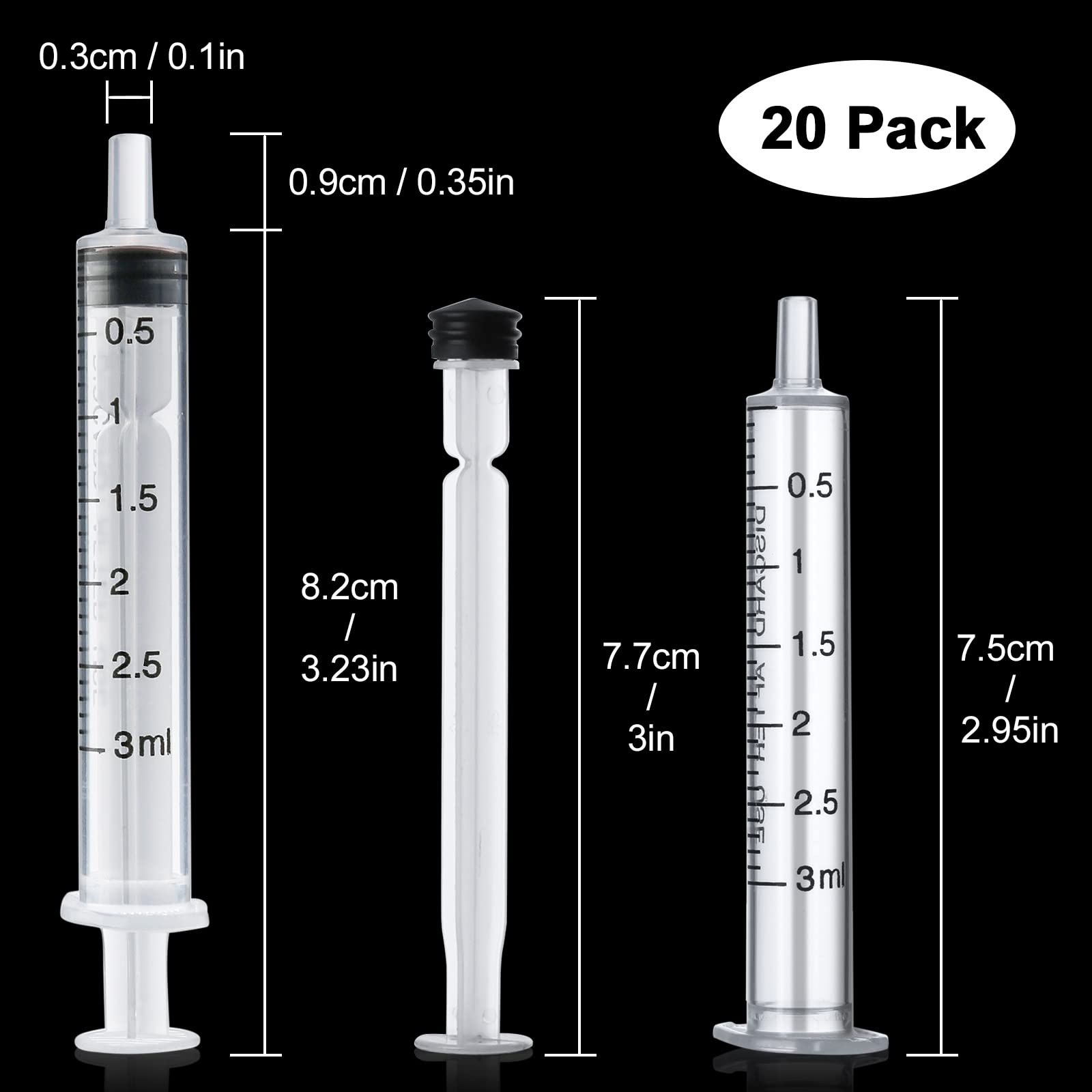 20 Pack 3ml Plastic Syringes, No Needle Measuring Syringe, Sterile Syringe for Scientific Labs, Feeding Pets, Oil or Glue Applicator, Individually Sealed