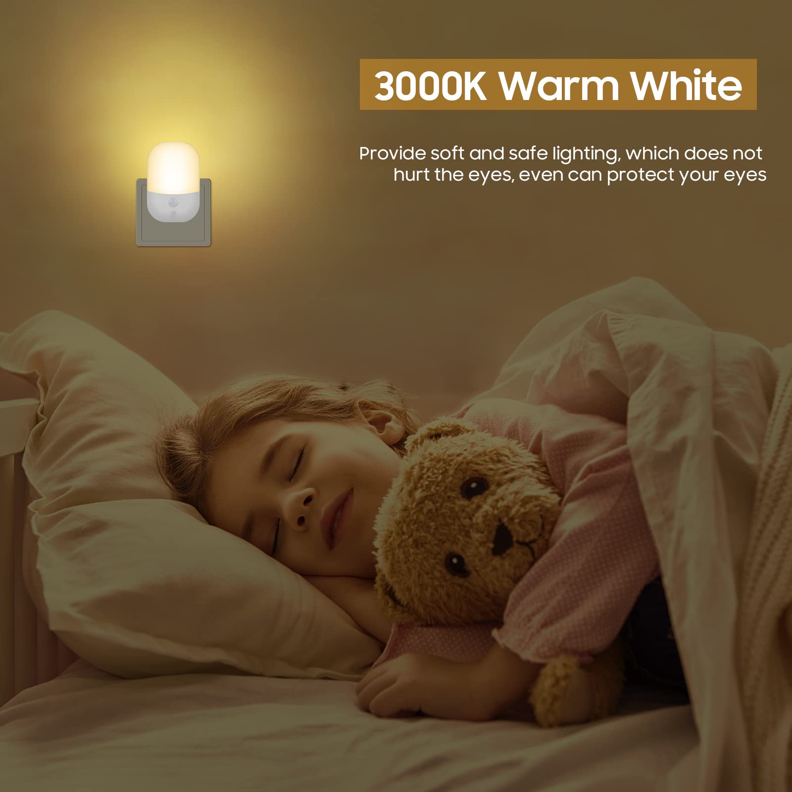 Night Light Plug in Walls, Night Light with 5 Levels of Brightness and Dusk to Dawn Photocell Sensor, Night Light Kids for Children's Room, Stairs, Hallway, Bedrooms, Garage, Warm White