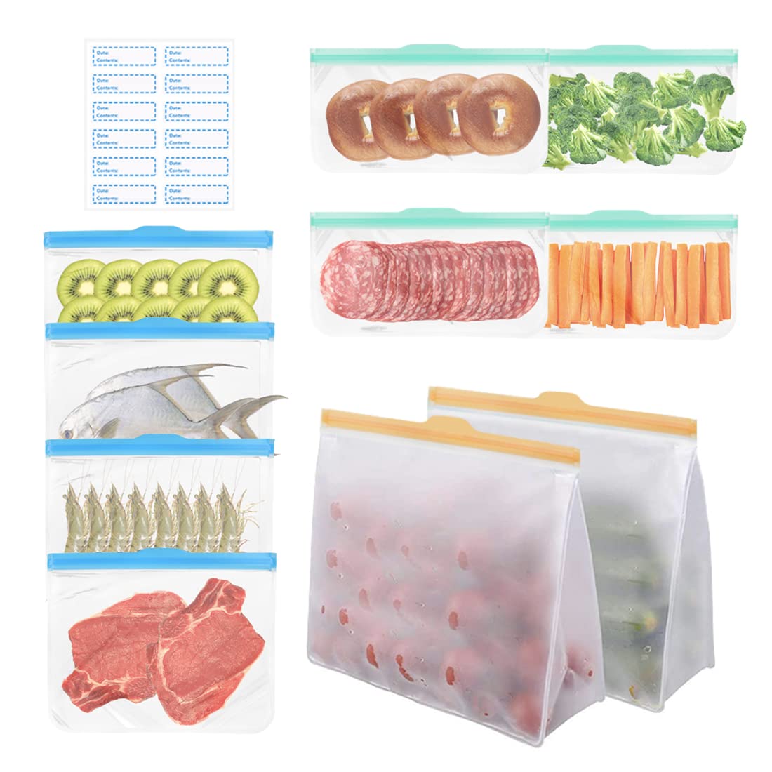 Exllena Silicone Reusable Freezer Bags, Reusable Sandwich Bags BPA Free for Food Storage, 2 Stand Up Bags Included, Eco-Friendly and Leakproof Ziplock Bags with Triple Zip Closures-10 Packs