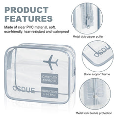 OSDUE 2PCS Clear Travel Toiletries Bags, TSA Approved Transparent Aeroplane Bags with Zippers Airport Security Liquids Bags, Portable Waterproof Cosmetic Bag Travel Luggage Pouch for Women and Men