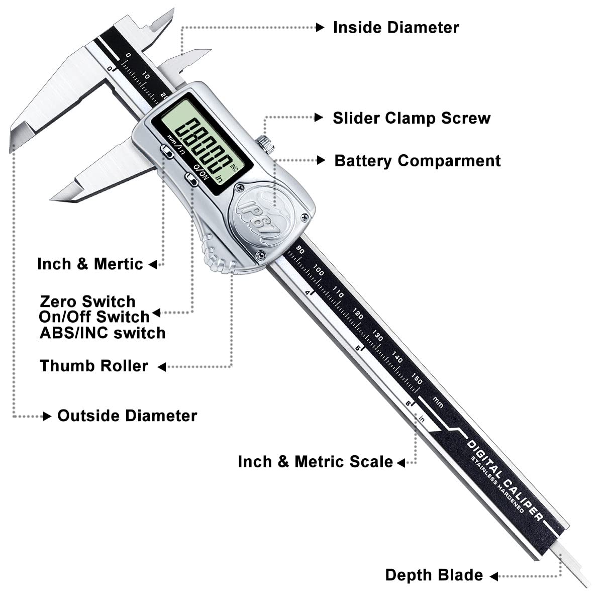 Kynup IP67 Waterproof Digital Caliper, 150mm Calipers Measuring Tool with Absolute Origin, Vernier Calipers Metal Digital, MM/Inch Conversion, Extreme Accuracy Electronic Caliper for Industry,150mm