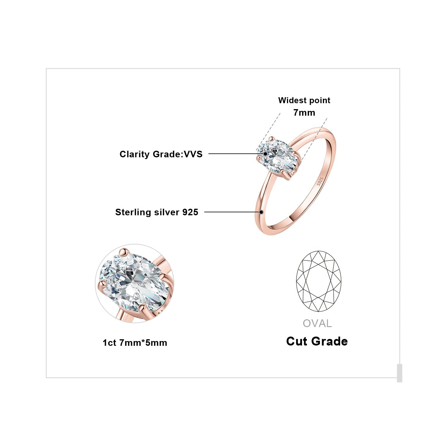 JewelryPalace Oval Cut 8 * 6mm 1ct Cubic Zirconia Solitaire Engagement Rings for Women, 14K Rose Gold 925 Sterling Silver Promise Ring for Her, Simulated Diamond Anniversary Wedding Ring VVS D-F 8