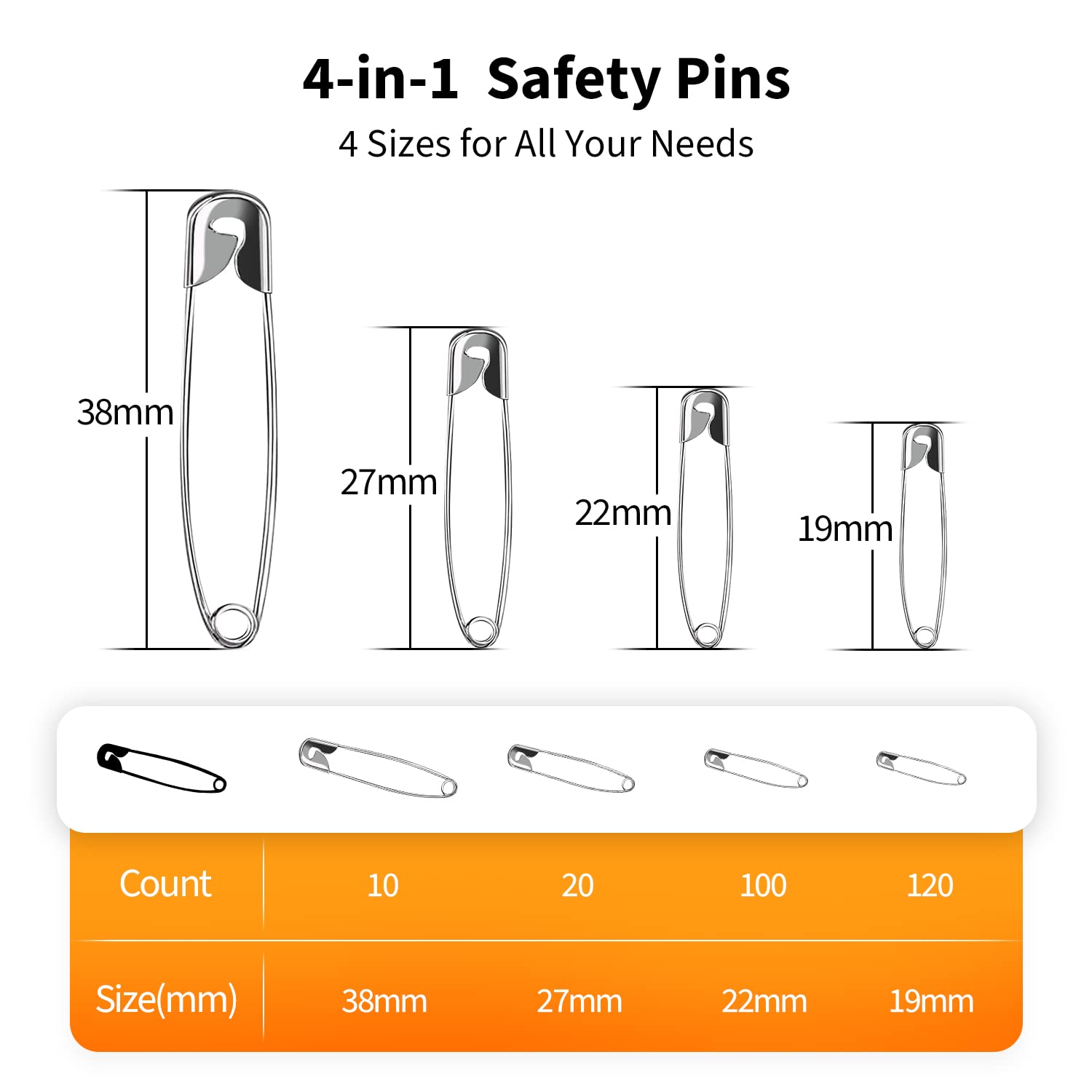 Officepal Premium Quality 4-Size Pack of Safety Pins- Top 250-Count – Durable, Rust-Resistant Nickel Plated Steel Set- Best Sewing Accessories Kit for Baby Clothing, Crafts, Arts (4-Size S)