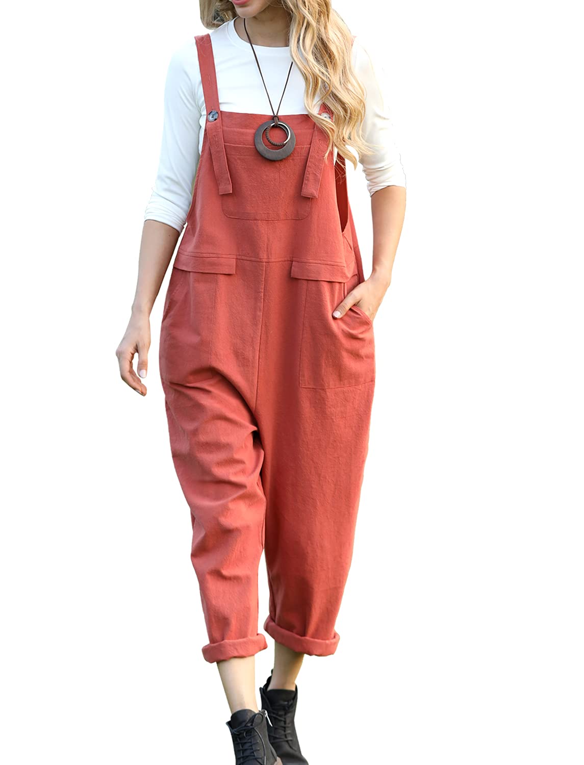 YESNO Women's Dungarees Loose Casual Plus Size Lightweight Sleeveless Overall Long Jumpsuit Playsuit Trousers Pants Dungarees (3XL PV9UK Rust)