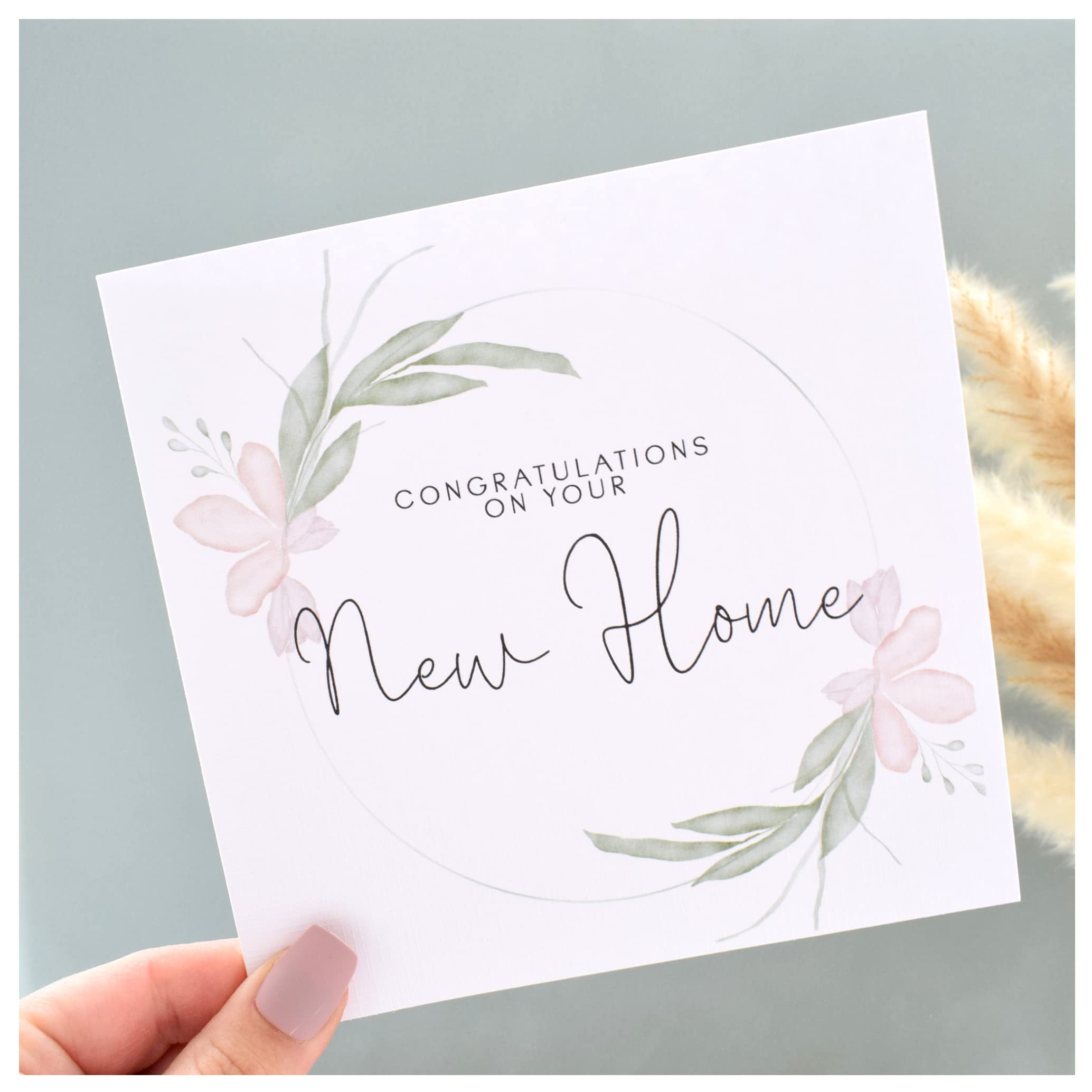 New Home Card   Congratulations New Homeowners Card   Card for Friend sister Mum Colleague Neighbour   Elegant Floral Wreath   148mm Square Modern Greeting Card