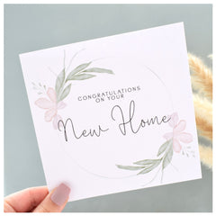 New Home Card   Congratulations New Homeowners Card   Card for Friend sister Mum Colleague Neighbour   Elegant Floral Wreath   148mm Square Modern Greeting Card