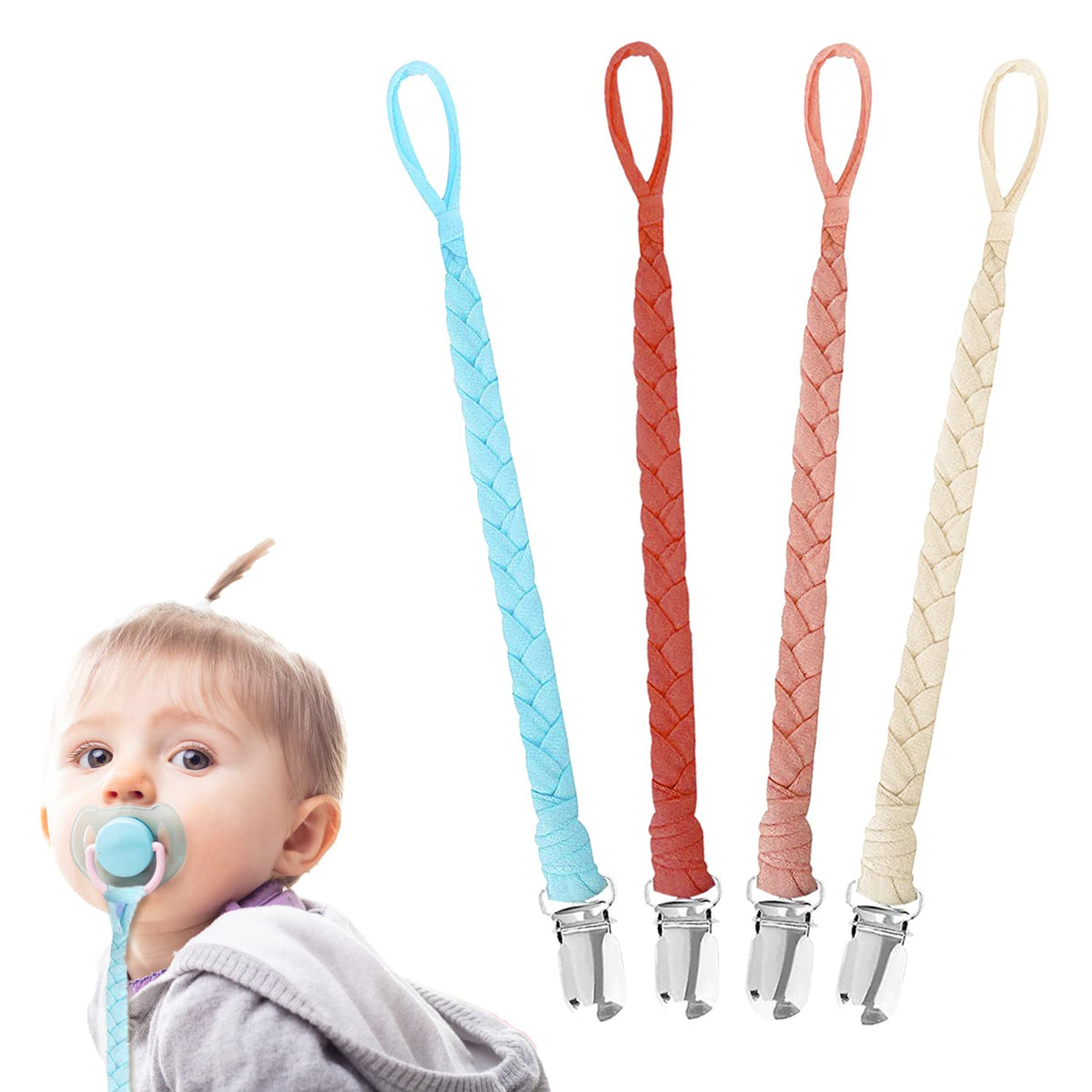 4 Pack Dummy Clip, BPA Free Dummy Clips Girl Cotton Dummy Clips for Baby Braided Pacifier Clips for Newborn Boys Girls Essentials Baby Teething Shower Clips