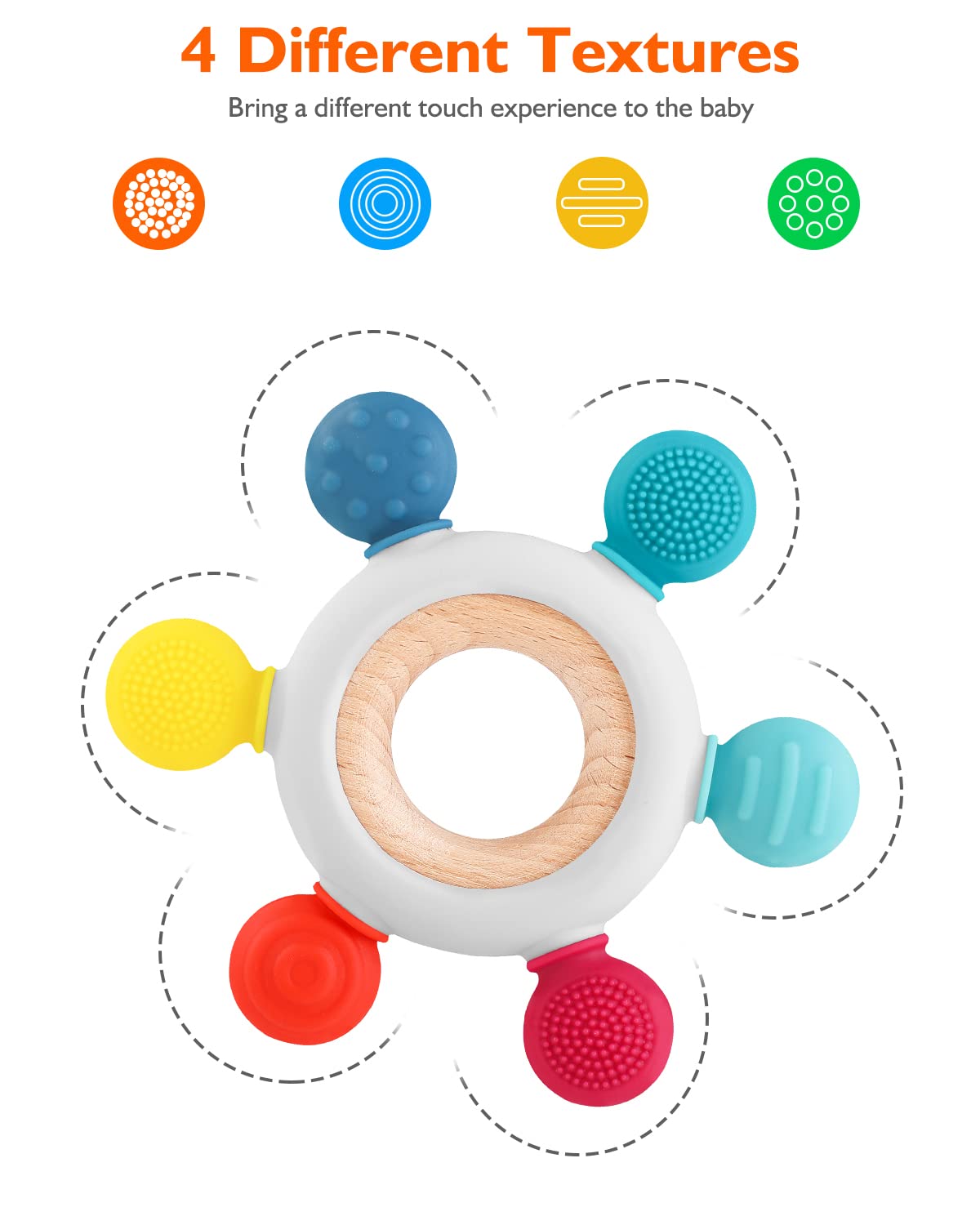 akolik Teething Toys for Baby, Baby teether, Silicone Teething for Babies 0-6 6-12 Months, BPA-Free with Wooden Ring Silicone Chewable Teether (Rudder D)