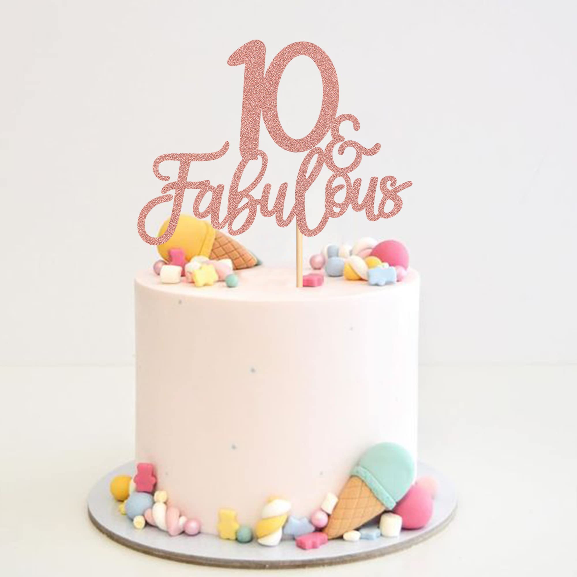 Blumomon 3Pcs 10 & Fabulous Cake Toppers Rose Gold Glitter Cheers to 10th Birthday Cake Toppers Ten and Fabulous Cake Pick Decorations for 10th Wedding Anniversary Birthday Party Supplies