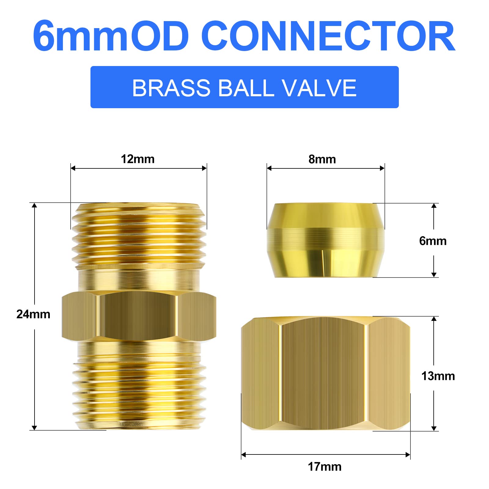 ERGAOBOY 5 Pcs 6mm OD x 6mm OD Brass Compression Tube Union Connector, Heay Duty Brass Compression Fitting