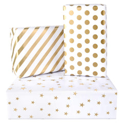 PLULON 6 Sheets Gold Birthday Gift Wrapping Paper, Gold Dots Stripe Star Wrapping Paper for Wedding, Birthdays, Valentines, Christmas