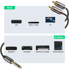 J&D 1/4 inch TRS to Dual RCA Audio Cable, Gold Plated Copper Shell Heavy Duty 6.35mm 1/4 inch Male TRS to 2 RCA Male Stereo Audio Y Splitter Cable, 6 Feet