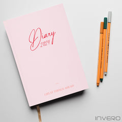 Invero 2024 Week To View Diary A5 Hardback Diary - Jan 2024 to Dec 2024 Planner Organizer Calendar with Hour Intervals & Worldwide Travel and Metric Information - Pink