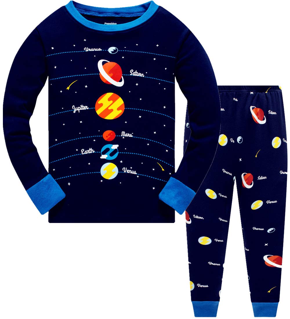 Boys Pyjamas Set 100% Cotton Planet Pjs Toddler Long Sleeve Sleepwear Kids Clothes 2 Piece Outfit, Planet Print, 5-6 Years