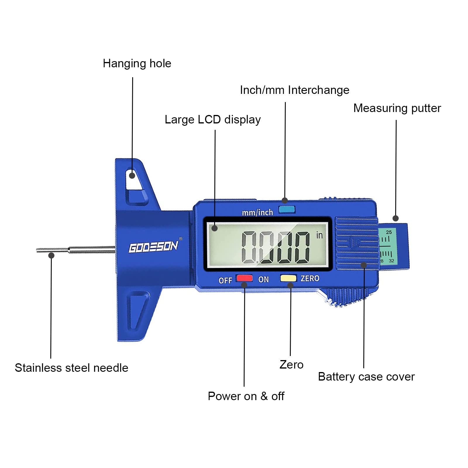 GODESON Blue Digital Tyre Tread Depth Gauge UK,0-25.4 Mm Inch Tyre Guage Digital with Large LCD Display and Blue Tyre Depth Gauge Measuring tool for Cars,Trucks,Moto