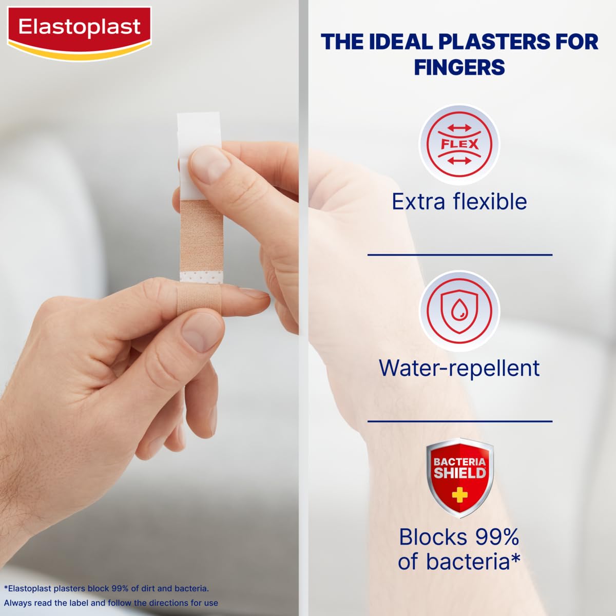 Elastoplast Extra Flexible Finger Strip Plasters (16 Plasters), Flexible and Durable Everyday Plasters for Fingers, Stretchy Fabric Plasters, Waterproof Plaster, Extra-long Plaster for Better Hold, Tan