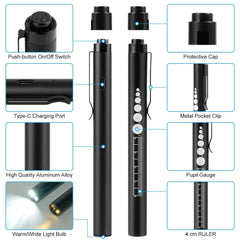 Flintronic 2 Pack Diagnostic Medical Penlight, Rechargeable LED Pen Torch with Pupil Gauge & Clip, First Aid Pupil Gauge Doctors Nurses Medical Pen Light Medical Equipment (With Type-C Charging Cable)