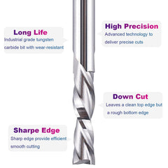 SpeTool Router Bits 1/4 Inch Shank Spiral Router Bit Down Cut End Mill 1 Inch Cutting Length 2-1/2 Inch Total Length HRC55 Solid Carbide CNC Router Bits for Wood Carving Woodworking