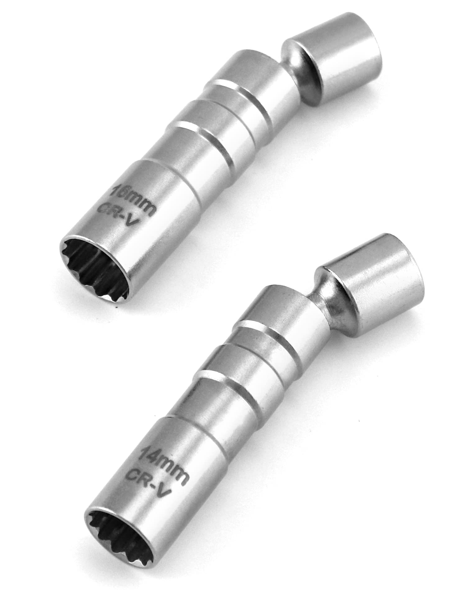 QWORK® 2Pcs Thin Wall Spark Plug Socket, 3/8 Inch 12-Point Universal Joint Magnetic Swivel Spark Plug Socket Spark Plug Removal Tool (14mm & 16mm)