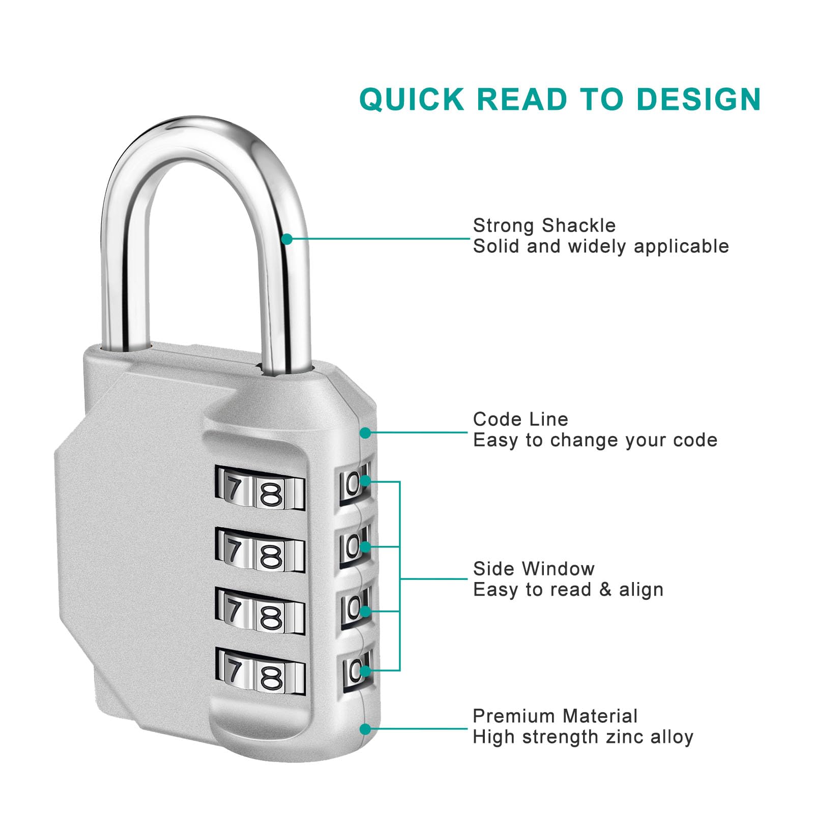 ZHEGE 4 Digit Combination Padlock, Weatherproof Number Padlock Outdoor for Garden Fence Gate, Shed Door, Coded Security Padlock for Gym Lockers, School Lockers (Silver)