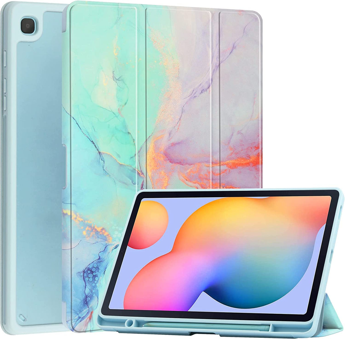 VOVIPO Slim Case for Samsung Galaxy Tab S6 Lite 10.4 inch 2022 (SM-P613/P619) & 2020 (SM-P610/P615),Shockproof Cover with Clear Transparent Back Shell with S Pen Holder-Marble Blue