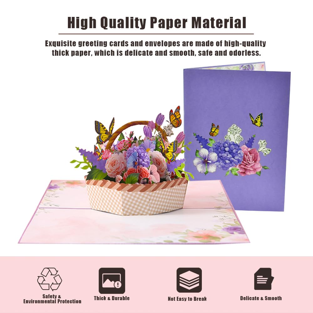 CIKYZE Flower Basket Pop Up Card 3D Pop Up Greeting Card Handmade Flower Greeting Cards Butterfly Pop-up Greeting Card Thank You Card with Note Card and Envelope for Women Sister Wife Grandma Teacher