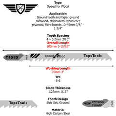 25 x TopsTools T101D Clean and Fast Cuts Jigsaw Blades Compatible with Bosch, Dewalt, Makita, Milwaukee and many more