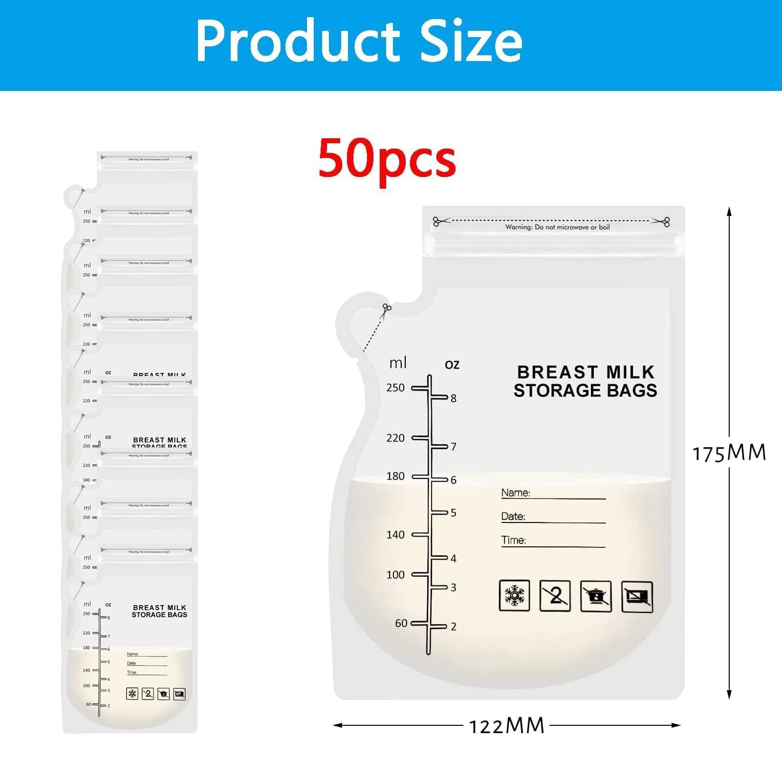 JEOPKO 50 Pcs Breast Milk Storage Bag, Easy Pour Pouch, Breastfeeding Essentials Fresh-Keeping Bag with Scale, Double Zipper Sealing Space Saving for Fridge or Freezer Use