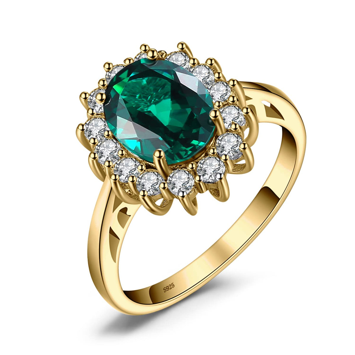 JewelryPalace Princess Diana Kate Middleton Gemstone Birthstone Green Emerald Halo Statement Engagement Rings for Women, 14K Rose Gold Plated 925 Sterling Silver Promise Rings for Her Size 6