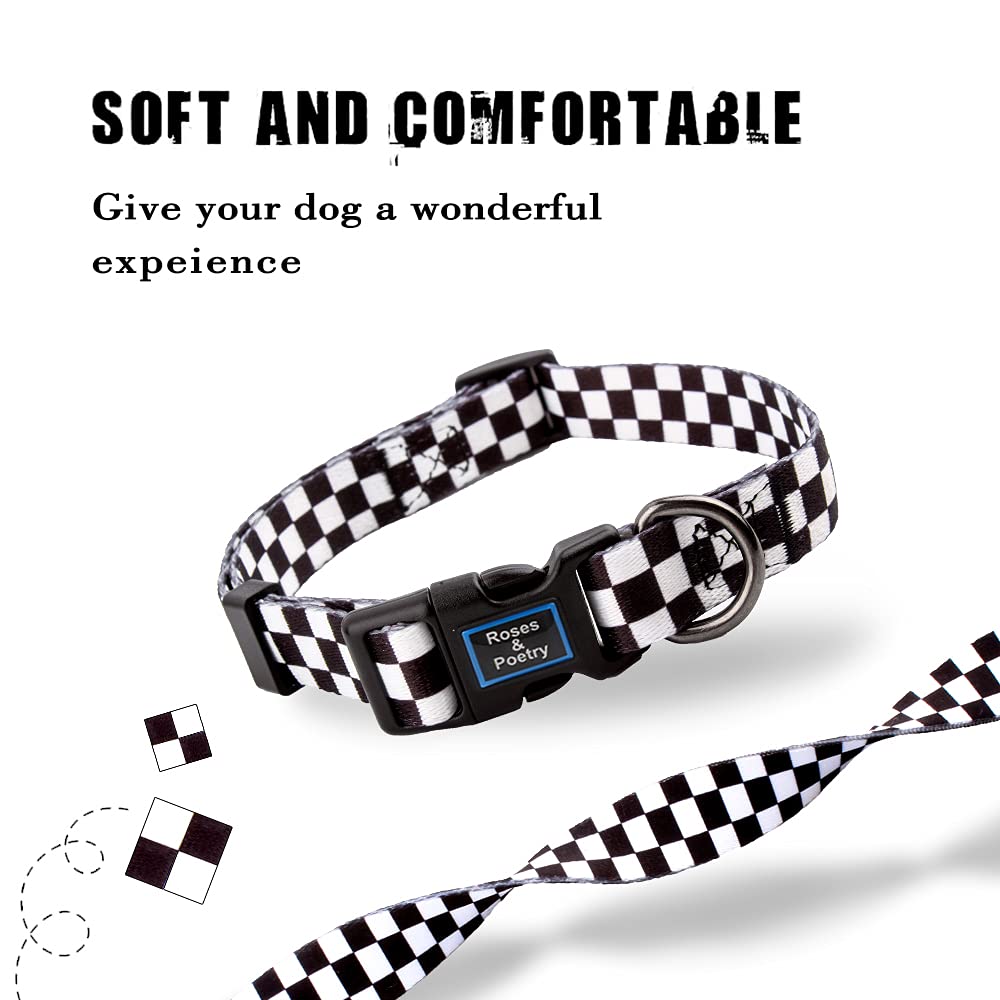 Roses&Poetry Dog Collar With Colourful Checkered Patterns,Adjustable Durable Puppy Collars for Small Medium Large Dogs(Black & White-XS)