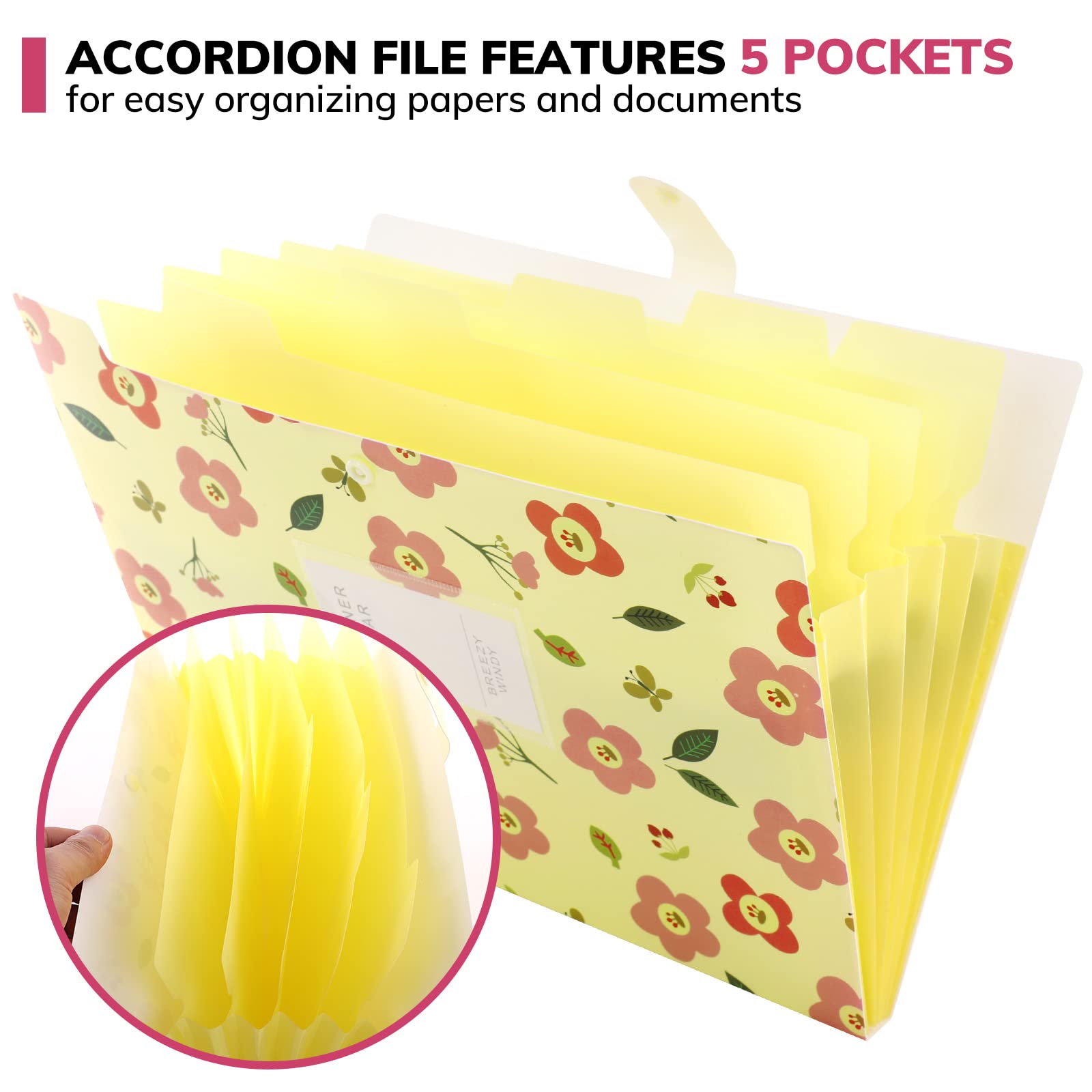 Expandable Expanding File,Expanding File Folder A4, Expanding File Organiser with 5 Pockets,Filing Folder Organiser,Floral Printed Folders for Paperwork,Yellow