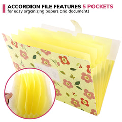 Expandable Expanding File,Expanding File Folder A4, Expanding File Organiser with 5 Pockets,Filing Folder Organiser,Floral Printed Folders for Paperwork,Yellow