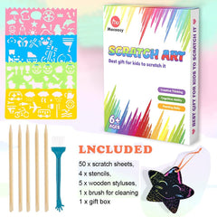 Mocoosy 60Pcs Scratch Art Paper for Kids - Rainbow Magic Scratch Off Paper Art and Craft Kit Scratch Note Black Doodle Pads with 4 Stencils 5 Wooden Stylus for Party Favor Game Activities Gift