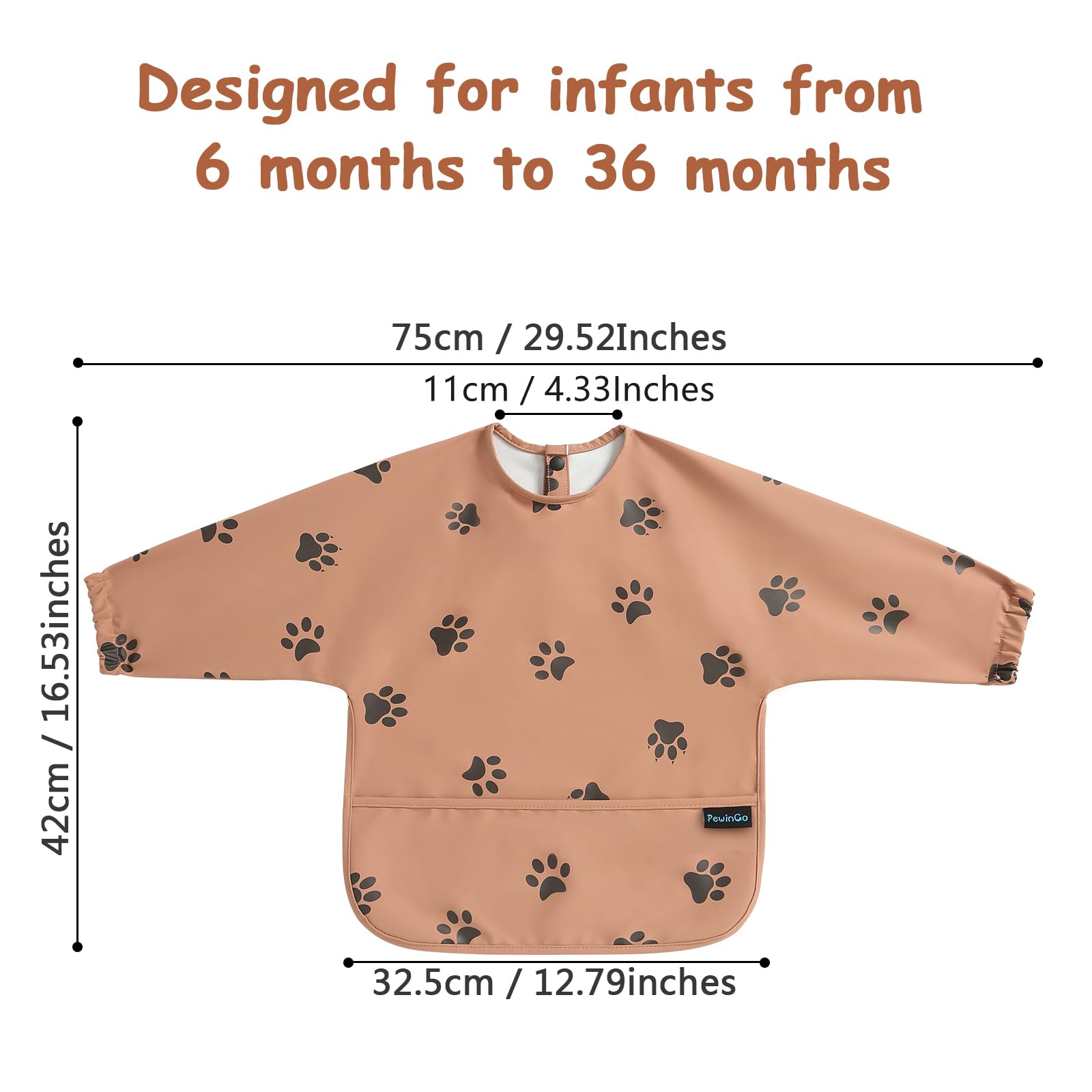 PewinGo Weaning Bib with Long Sleeves & BLW, Soft and Skin-Friendly Material, Coverall Bibs for Baby Feeding, Waterproof Easy to Clean Machine Washable, Infant Toddlers (Orange)