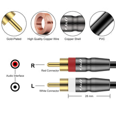 J&D 2 RCA to 2 RCA Cable, Copper Shell Gold-Plated 2RCA Male to 2RCA Male Cable Stereo Audio RCA Cable, 0.9 Meter