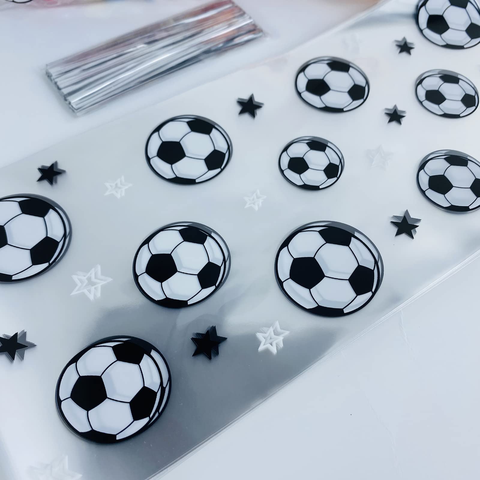 100 Pieces Clear Soccer Treat Bags Gift Bags, Soccer Party Favors Bags Soccer Cellophane Bag for Candy with 100 Pieces Silver Twist Ties