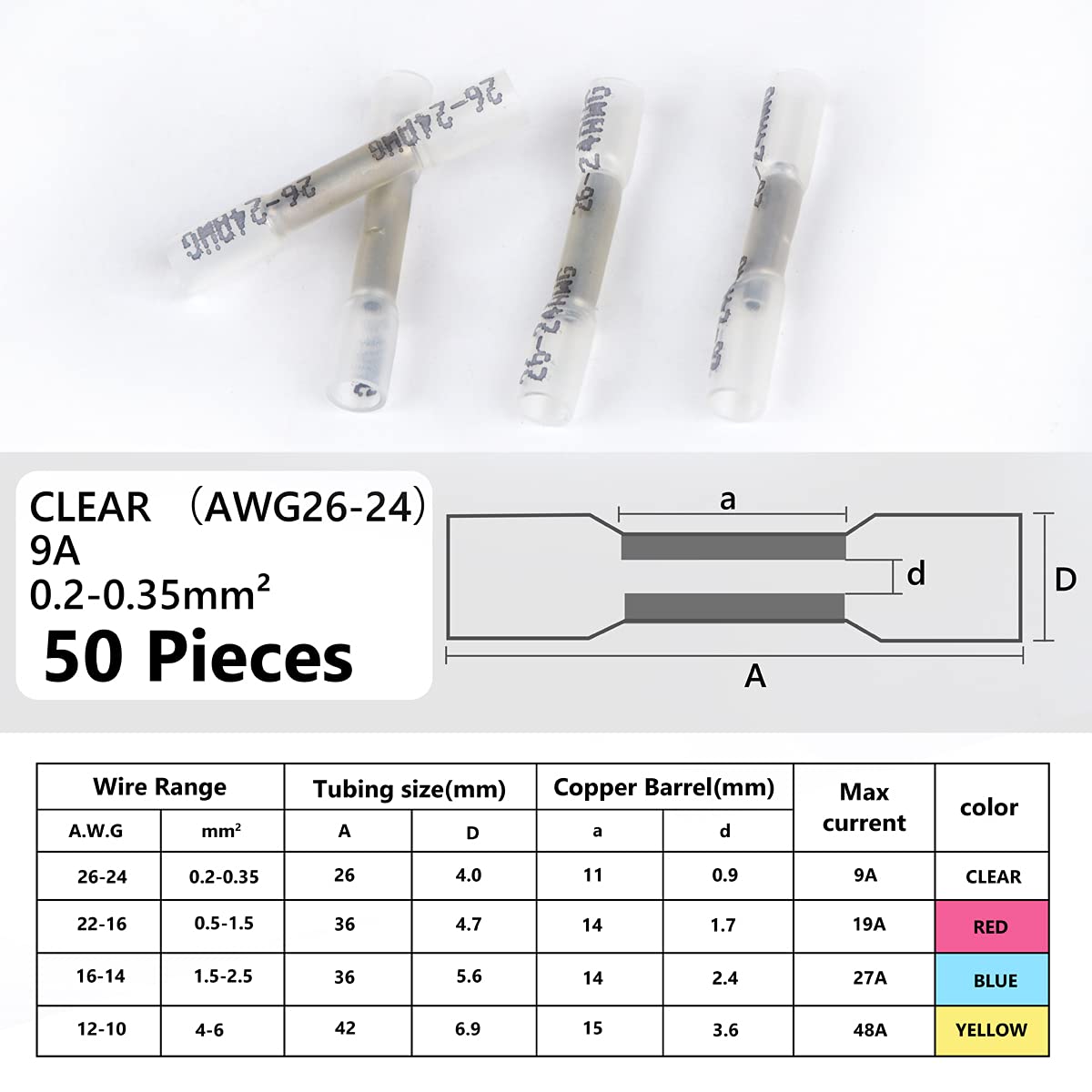 50 Pieces Heat Shrink Butt Connectors Kit, 26-24 AWG Clear Insulated Waterproof Electrical Wire Connectors Automotive Wire Crimp Terminals Butt Splices