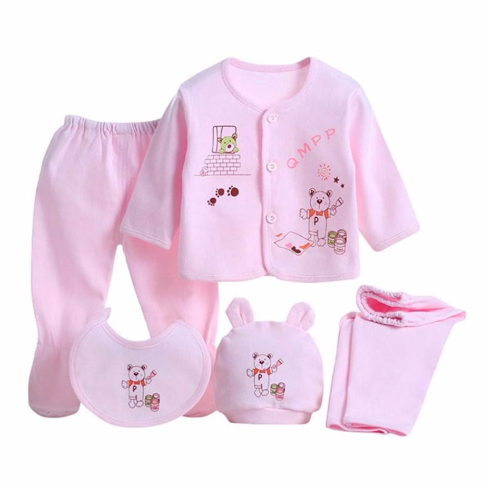 Gajaous 5PCS Newborn Baby Boys Girl's Cotton Grow Top Hat Pants PlaySuit Sets Outfit, Pink #3, 0-3 Months