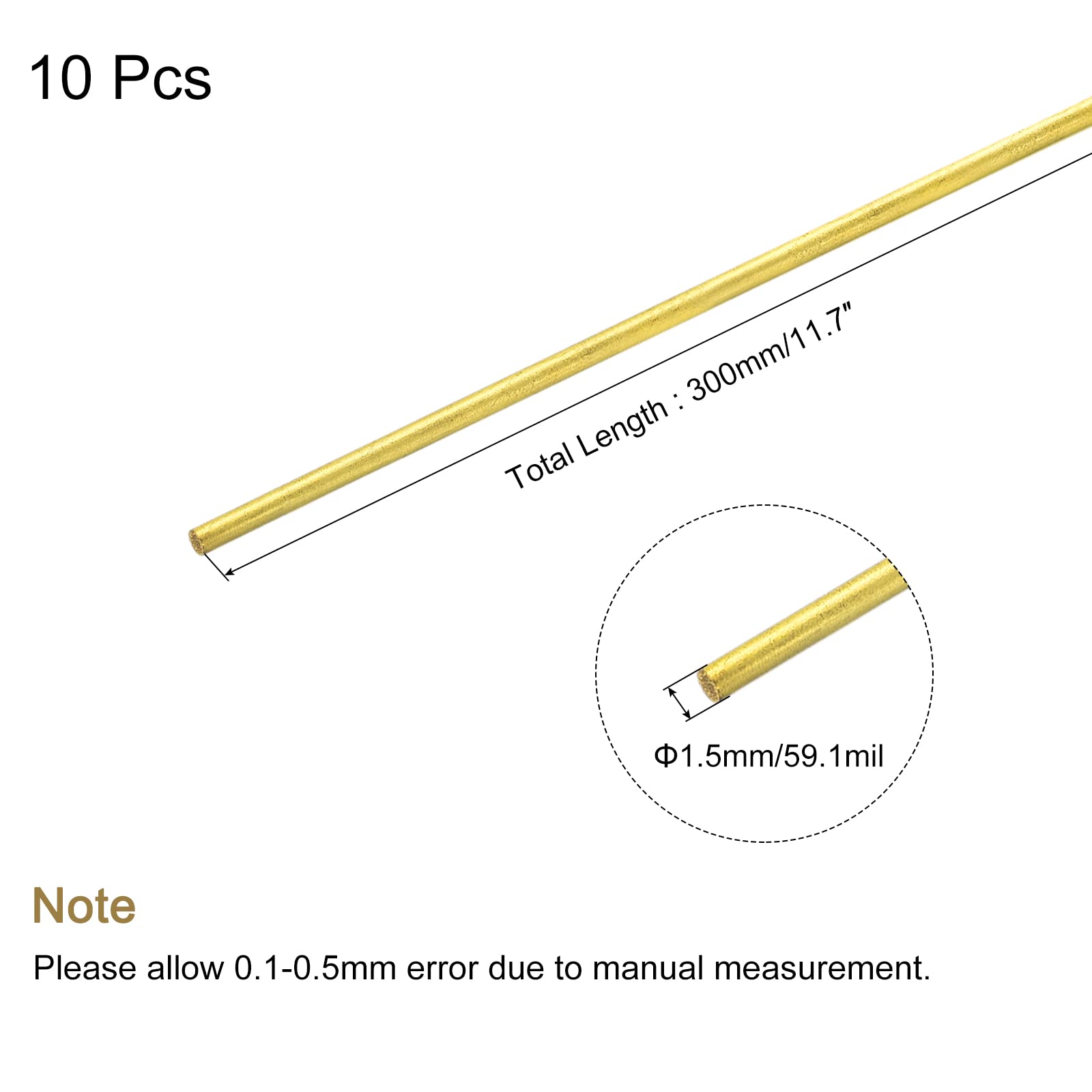 sourcing map Brass Rod,Brass Solid Round Rod 1.5mm/0.06inch Diameter 300mm Length Lathe Bar Stock for RC Model DIY Craft Pack of 10